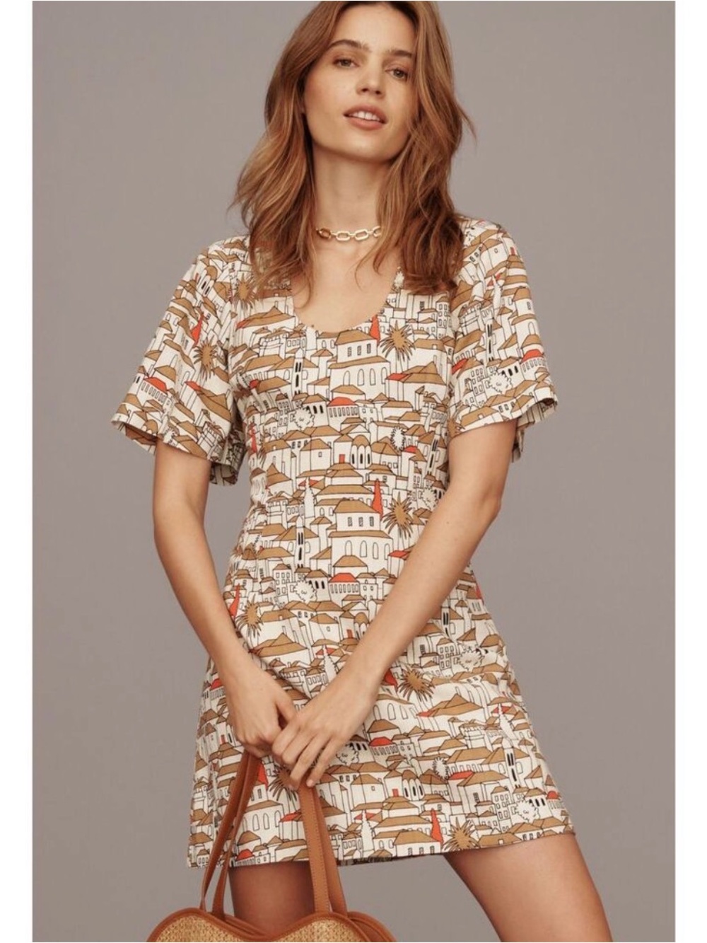 Porridge Short Sleeve Crew Neck Printed Mini Dress Neutral Motif M